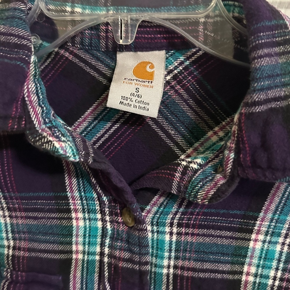 Carhartt Women's Shirt Button Up Flannel Long Sleeve Small Purple/Teal/ White - Picture 2 of 2